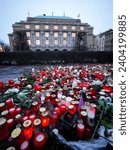 Small photo of Prague, Czech Republic - December 23 2023: Candles in front of Charles University Faculty of Arts building after gunman killer shooting 14 victims
