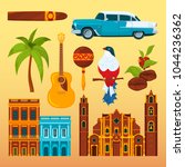 Havana cigar and others differents cultural objects and symbols of Cuba. Vector cuban national landmark, cigar and coffee, bird and palm tree illustration