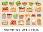 Farm products. Eco natural healthy food planting on farm fruits vegetables milk meat recent vector products in basket