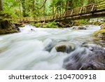 Small photo of Deception Creek rushes under a wooden footbridge with railings at the Deception Falls area of the Mt Baker Snoqualmie National Forest