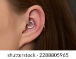 Small photo of piercings on an ear. Conch and helix piercings close up