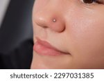 Small photo of Closeup of a young woman's visage with piercing septum hanging from her nose.