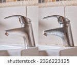 Small photo of Compare image before- after cleaning with special detergent of the dirty stainless faucet cover with dirty hard calcium water stain in the bathroom. Old dirty faucet with clean and shiny like new