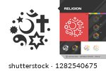 Religion black glyph silhouette and color editable stroke thin outline single icon with christian cross, jewish star of David, islamic star and crescent, chinese yin and yang symbols.