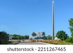 Small photo of Brest Fortress. The main monument and the Bayonet obelisk. Brest. Belarus. 02.09.2022. Three tiers of granite slabs. Monument to the defenders of the Brest Fortress and the Eternal Flame