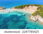 Small photo of Ksamil beaches. Four islands. The bay. Ksamil. Albania. Sandy embankment. The Ionian Sea. The Tetran Islands archipelago. An uninhabited island. View from above. Drone shooting