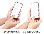 Online social media communication. Hand holding phone isolated on white background.