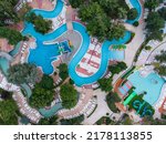 Aerial view of a large and empty Water park with various Water slides and pools. Albena, Bulgaria