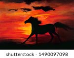Black Horse On A Background Of...