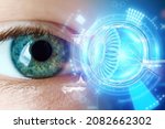 Small photo of Realistic hologram of human eye and real eye close-up. Vision concept, laser eye surgery, cataract, astigmatism, modern ophthalmologist