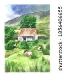Watercolor Irish Cottage Sheep...