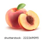 Beautiful whole peach and split isolated on white background as package design element