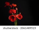 Small photo of Remembrance Day greeting card. Beautiful red poppies flowers on black background. Lest we forget.