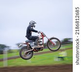 Small photo of Holywood, County Down Northern Ireland - July 30th 2022: Classic Moto X Event on a very mucky day. In Flight