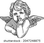 little angel cupid vector retro style engraving black and white line. sad angel eps