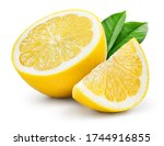 Lemon fruit with leaf isolate. Lemon half, slice, leaves on white. Lemon slices with leaves isolated. With clipping path. Full depth of field. Not AI lemon, real photo.