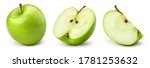 Small photo of Green apple isolate. Apples on white background. Whole, half, slice green apple set with clipping path.