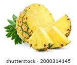 Small photo of Cut pineapple isolated with slice, piece and leaves. Pineapples on white. Full depth of field.