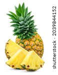 Small photo of Pineapple with leaves and slices isolated. Whole and cut pineapple on white background. Full depth of field.