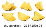 Small photo of Pineapple slice isolated. Pineapple slices collection on white background. Fresh pineapples set. Full depth of field.