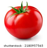 Small photo of Tomato isolated. Tomato on white background. Perfect retouched tomat side view. With clipping path. Full depth of field.