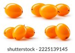 Small photo of Buckthorn isolated. Sea buckthorn collection on white background. Buckthorn berries set with clipping path. Full depth of field.