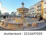 Small photo of Evora, Portugal; Feb 28 2016: Monumental marble fountain in Giraldo Square (Praca do Giraldo). Evora, World Heritage City by Unesco, Portugal