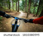Mountain biker riding on flow single track trail in green forest, POV behind the bars view of the cyclist.