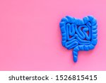 Small photo of Intestines health. Guts on pink background top view copy space