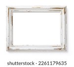 Shabby chic white and golden photo or picture frame isolated over a white background, interior or gallery mockup, design element, template	