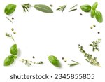 Small photo of frame or border made of loosely spread mediterranean herbs isolated over a white background, basil, thyme, oregano, rosemary sage and green and black pepper, cut-out herbs and food element