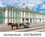 Horse carriage on Palace square and Hermitage museum at background, St. Petersburg, Russia