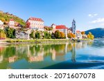 Small photo of Durnstein town in Wachau valley in autumn, Austria