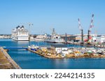 Small photo of Saint-Nazaire, France - September 21, 2022: General view of the MSC Euribia cruise ship and the Jacques Chevallier replenishment ship under construction in the Chantiers de l'Atlantique shipyard.