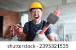 Small photo of Builder in helmet holds sledgehammer hammer and screams. Engineer is angry production problems and bullying in work team