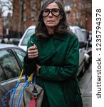 Small photo of LONDON, UK- February 19 2018: Veronique Tristram on the street during the London Fashion Week.