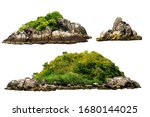 The trees. Mountain on the island and rocks.Isolated on White background