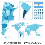 Argentina detailed administrative blue map with country flag and location on the world map.