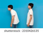 Small photo of concept of bad posture, boy of twelve years old stoop on blue isolated background, comparison of bad and good posture, problem with the back and spine of child