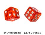Two red glass dices isolated on white. One, two, four and three, five, six.