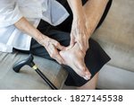 Small photo of Old elderly with foot injuries,heel pain or ankle diseases,asian senior woman suffer from plantar fasciitis,tendon connecting calf muscles to the heel injury,achilles tendinitis after walk exercising