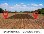 Small photo of Land plot management - real estate concept with a vacant land available for building construction and housing subdivision in a residential area for sale, rent, buy or investment.