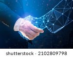Businessperson shaking hand with digital partner over futuristic background. Artificial intelligence and machine learning process for 4th industrial revolution.