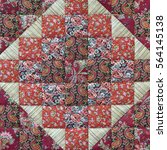 Small photo of Old Patchwork Quilt Background With Colorful Rustic Ethnic Handmade Geometric Pattern. Vintage Scrappy Quilting Texture. Old Retro Blanket Fabric Wallpaper. Motley Patch Work Design Art Surface