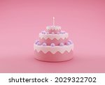 Cute birthday cake 3d rendering pink color 3 floors with a candle, Sweet cake for a surprise birthday, mother