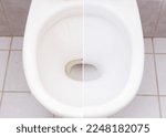 Comparison Toilet bowl before and after cleaning in bathroom. Toilet bowl with hard stain difficult to clean.