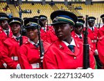 Small photo of Nigerians Celebrate Independence Day in Lagos on Oct 1, 2022. Officer of the Nigerian Police Force stands in line during a parade to mark Nigeria's 62nd Independence Day Anniversary.