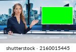 Small photo of Newsroom TV Studio Live News Program: Caucasian Female Presenter Reporting, Green Screen Chroma Key Screen Picture. Television Cable Channel Anchor Woman Talks. Network Broadcast Mock-up.