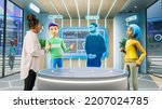 Small photo of Corporate Business Meeting in Virtual Reality Office. Real Female Manager Standing Next to Two Avatars of Colleagues, and a Hologram of Another Specialist. Futuristic Metaverse Concept.