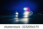 Small photo of Traffic Patrol Car In Pursuit, Driving Fast with Sirens Blazing through the City Streets. Officers of the Law Chasing a Suspect. Cops in Squad Car React to Emergency Call. Cinematic Night Shot